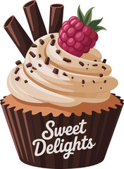 Cupcake vector with raspberry, chocolate sticks, and “Sweet Delights” label symbolizing dessert branding and indulgence