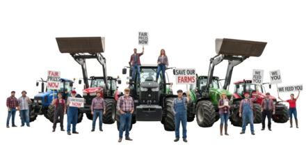 A large group of farmers protesting with their tractors for fair prices detailed illustration