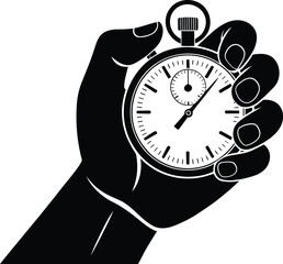 Hand holding stopwatch silhouette vector symbolizing precision timing, urgency, sports measurement, and daily tracking