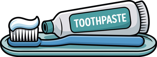 Cartoon toothbrush and toothpaste vector with tray symbolizing dental hygiene, freshness, and daily self-care routine