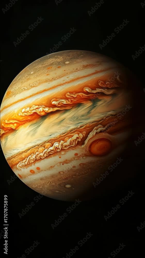 Poster a large orange planet with a white spot in the middle. the planet is surrounded by clouds