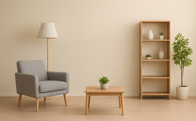 Minimalist Living Room with Gray Armchair, Wooden Coffee Table, Bookshelf, and Indoor Plant