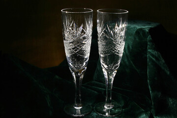 Beautiful highly artistic wine or champagne glasses for a festive table