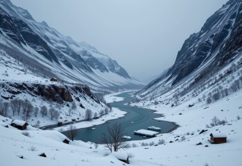 Obraz premium snowflake patterns are destroyed as a blizzard sweeps through icy plains while ice accumulates in unpredictable ways across mountains and rivers.