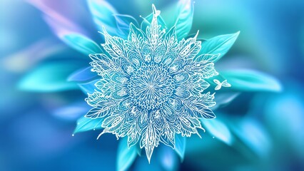 Intricate Floral Mandala on Blue Turquoise Gradient Background