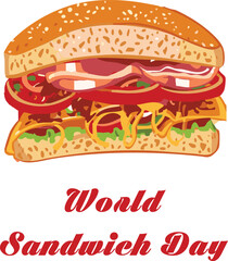 Colorful illustration of a delicious sandwich with lettuce, tomato, and onions on toasted bread, celebrating World Sandwich Day on a white background.