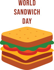 Colorful illustration of a delicious sandwich with lettuce, tomato, and onions on toasted bread, celebrating World Sandwich Day on a white background.