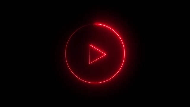 Glowing neon shine play button sign with neon circle animation. Neon glowing play button icon on the black background. red color neon icon..