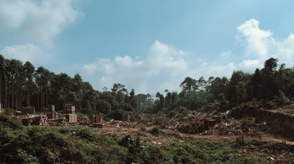 Deforested Landscape with Stumps and Clearings Beneath a Bright Sky in a Nature Conservation Area