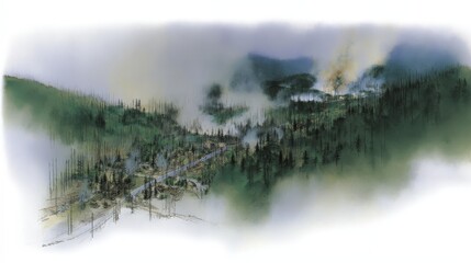 Enchanting Forest Landscape with Mist and Trees, Capturing a Serene View of Nature's Beauty in a Dreamlike Atmosphere