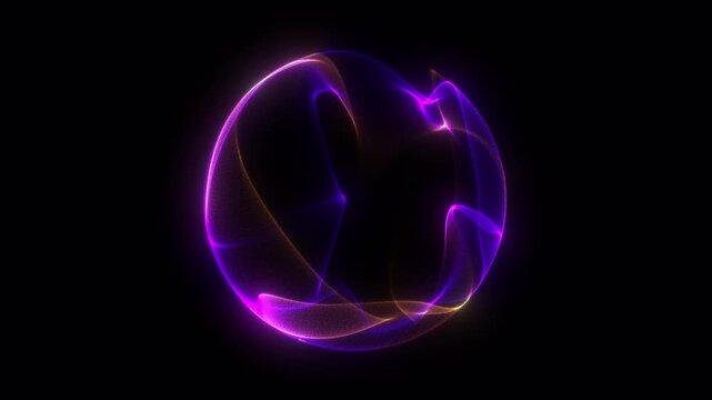 Shiny energy plasma particles orb on dark minimalitic business background. Gradient neon flowing magic sphere with purple and blue shiny waveforms. 4k 60fps looped graphic.