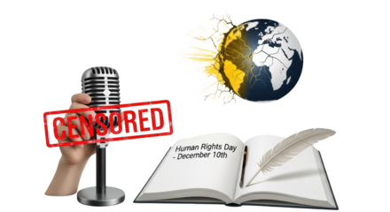 Censorship Silences Human Rights Day detailed illustration featuring microphone, censorship, earth, peace, injustice, media design concept