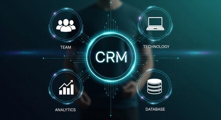CRM Technology Concept with Large Digital Icons — Team, Analytics, Database, and Laptop