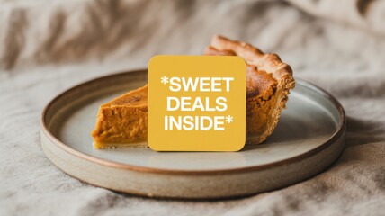 Delicious slice of baked pastry with sweet deals inside graphic overlay on a plate