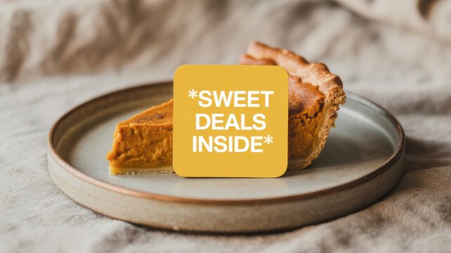 Delicious slice of baked pastry with sweet deals inside graphic overlay on a plate