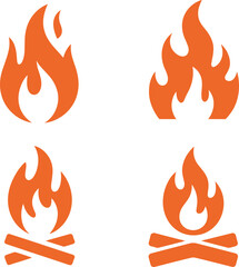 Fire and campfire icon set – flame and bonfire vector symbols for camping, fire safety, hazard, or emergency design