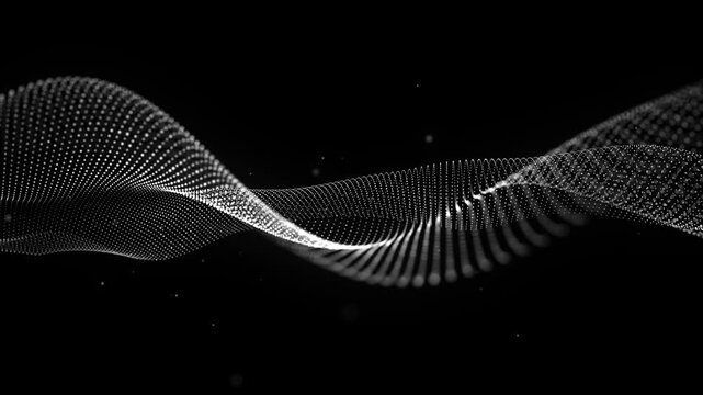 Abstract Slow Motion Wave Lines and Dot Pattern 4K Animation. Seamless Loop on Black Background, White and Gray Linear Waves, Monochrome Digital Flow, Smooth Water Surface, Smoke Illustration.