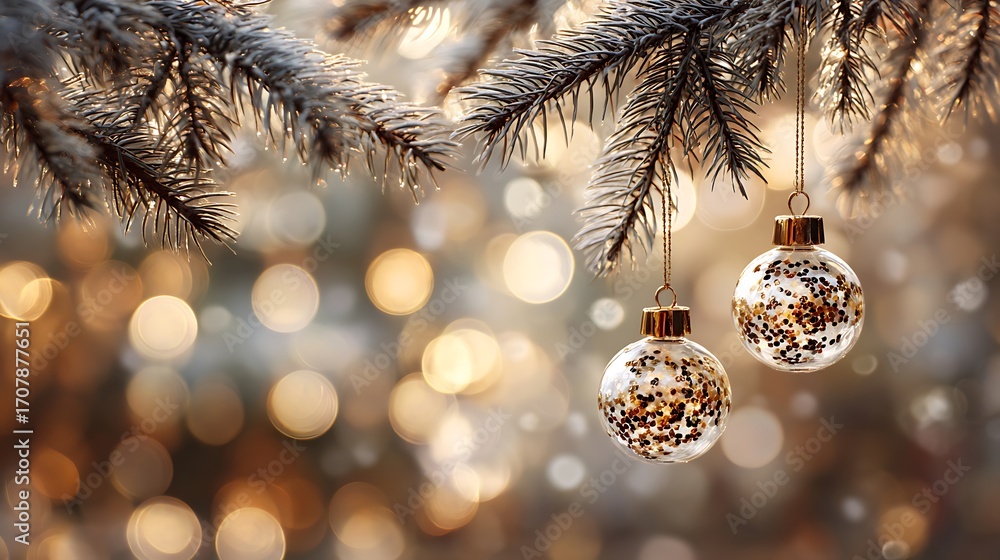 Poster two christmas ornaments hanging on a snowy pine tree branch, with a bokeh background creating a warm