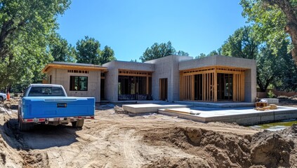 Obraz premium New Modern House Construction Site with Blue Truck in Sunny Day