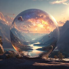 A crystal sphere rests on rocks, reflecting a vibrant sunrise over a serene valley, hot air balloons ascend, stars shimmer within the sphere, creating a surreal, dreamlike landscape