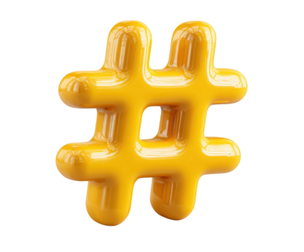 Glossy Yellow Hashtag Symbol with Rounded Edges and Reflective Surface number sign pound sign isolated on a transparent background