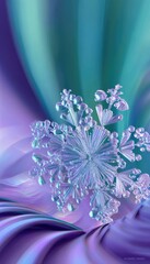 A crystalline snowflake, intricately detailed, rests upon a flowing, iridescent purple and teal fabric, creating a surreal, ethereal winter scene