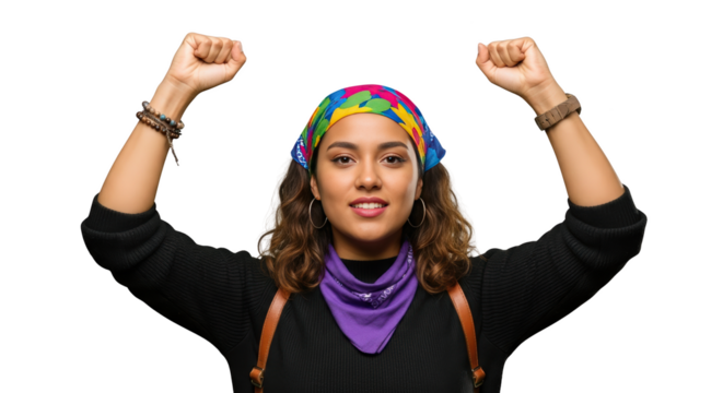 Confident young feminist woman with fists raised in protest detailed illustration featuring girl, student,