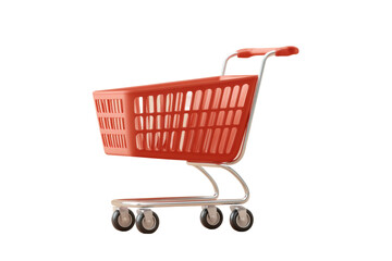 Red shopping cart on wheels isolated on white background, cut out