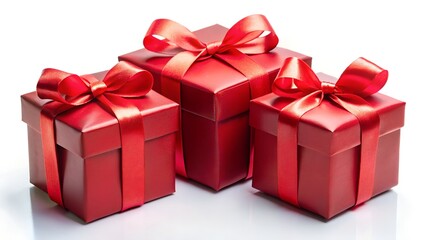 Obraz premium Three red gift boxes with ribbons isolated on white background