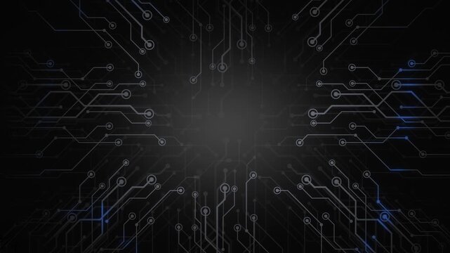 Black chip blue light monochrome background. Gray technology electrical screen. Glowing blue chip on black background. Loop 4k 60 fps. Motherboard graphics chip black. Futuristic digital Data moving.