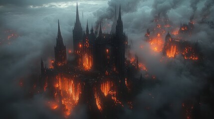 Burning gothic castle in clouds, fiery destruction.