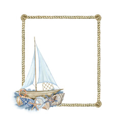 A marine frame made of rope with knots decorated with a composition with a sailing ship, seashells and stars. Watercolor illustration in blue and beige tones.
