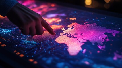 Hand pointing to a world map on a glowing interactive display