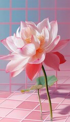 A delicate pink lotus flower with a single leaf, elegantly presented against a pastel pink and blue gridded background.  Soft lighting casts gentle shadows