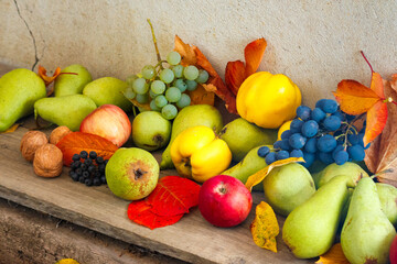 variety of ripe fruits on the wood. autumn harvest rustic composition. rural organic food in fall season. applicable as thanksgiving background
