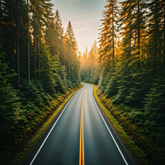 Obraz premium Road Through a Majestic Forest at Sunrise Adventure and Tranquility