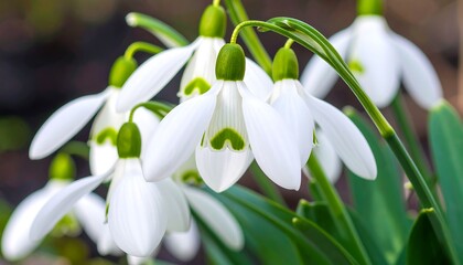 Close-up of Delicate White Snowdrops with Green Tips, Spring Blooms