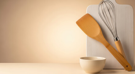 Wooden spatula and whisk placed on a light-colored cutting board beside a ceramic bowl, showcasing kitchen utensils with copy space for culinary designs