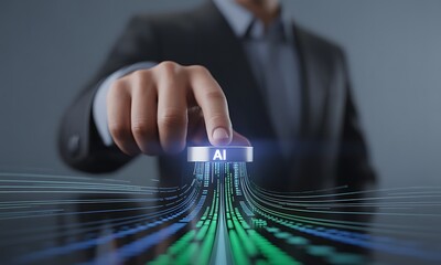 Businessman pressing AI button with flowing digital data lines, ideal for illustrating artificial intelligence integration and technology innovation concepts