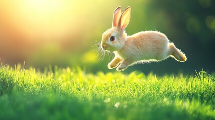 Fototapeta premium Small light brown rabbit leaps in vibrant green grass field, bathed in sunlight