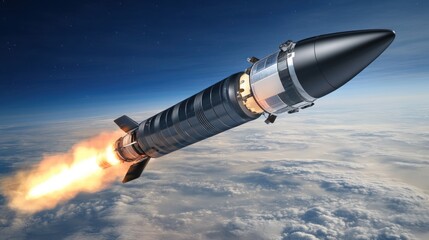 Fototapeta premium A black missile rockets through a cloudy night sky. Exhaust flames erupt from the rear. A pointed nose cone leads the trajectory. Vast expanse of the atmosphere above