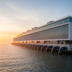 Obraz premium Modern Architecture at Sunset: Industrial Building on the Water with Pipes, Golden Hour Light, and Calm Sea