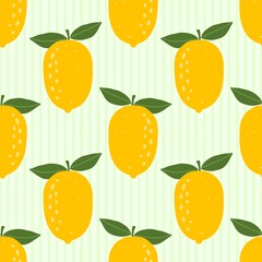 Yellow lemon pattern background. Hand drawn lemon pattern background. Yellow citrus seamless pattern. Seamless patterns with cute lemons on striped backdrop.