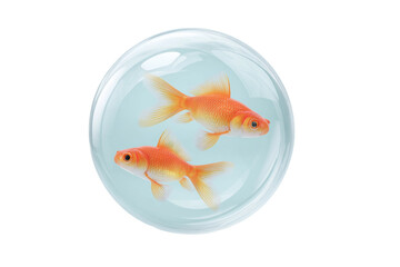 Two goldfish swimming in a clear round glass bowl, cut out