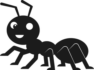 Friendly black ant illustration with a cheerful expression and detailed legs