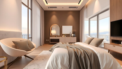 4K video of a modern luxury hotel bedroom interior design and decoration featuring a plush white and grey bedding sheet and blanket, a sleek white chair, and a warm light headboard