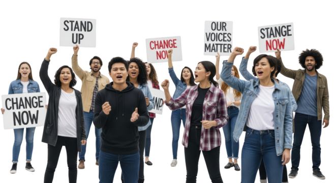 Diverse Group Protesting for Change Holding Signs detailed illustration featuring rally, slogans, banners, world, activists,