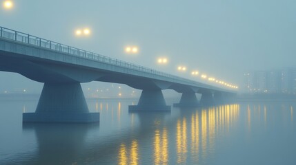 Misty river bridge at dawn.  Illuminated concrete bridge spans a still river in a thick fog.  Soft light reflects on the water
