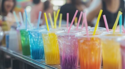 Colorful drinks in plastic cups, lined up on a metal counter.  Blurred people in background