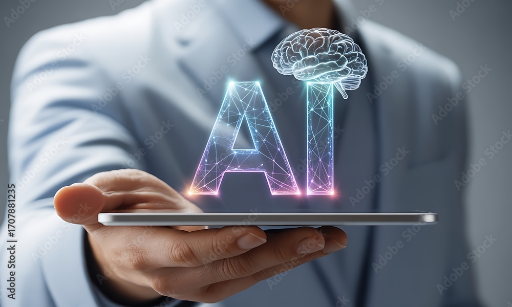Poster futuristic ai hologram with neural network brain projection above a digital tablet, ideal for illust